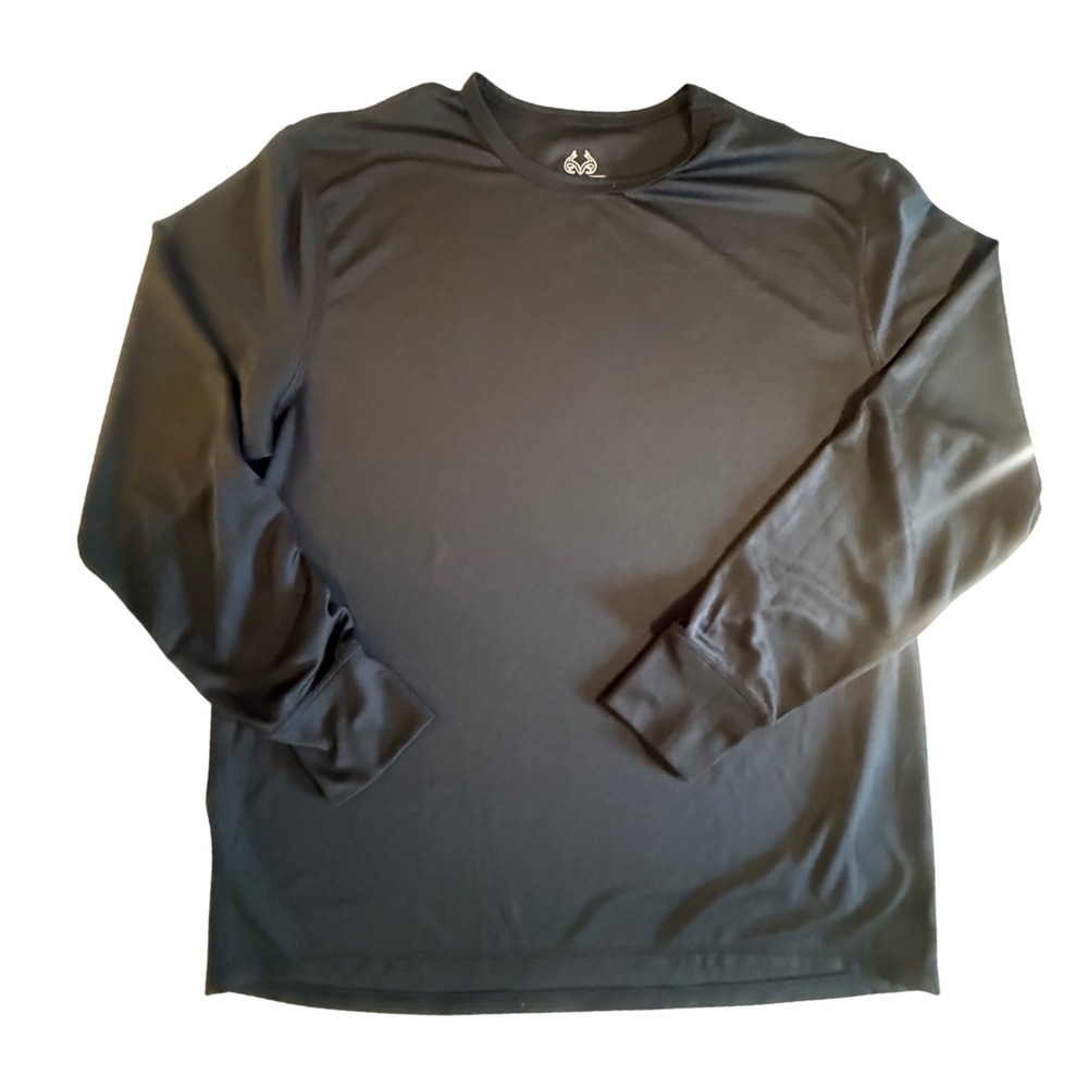 Realtree Mens Performance Long Sleeve Shirt Black XL Crew Neck Polyester Tee